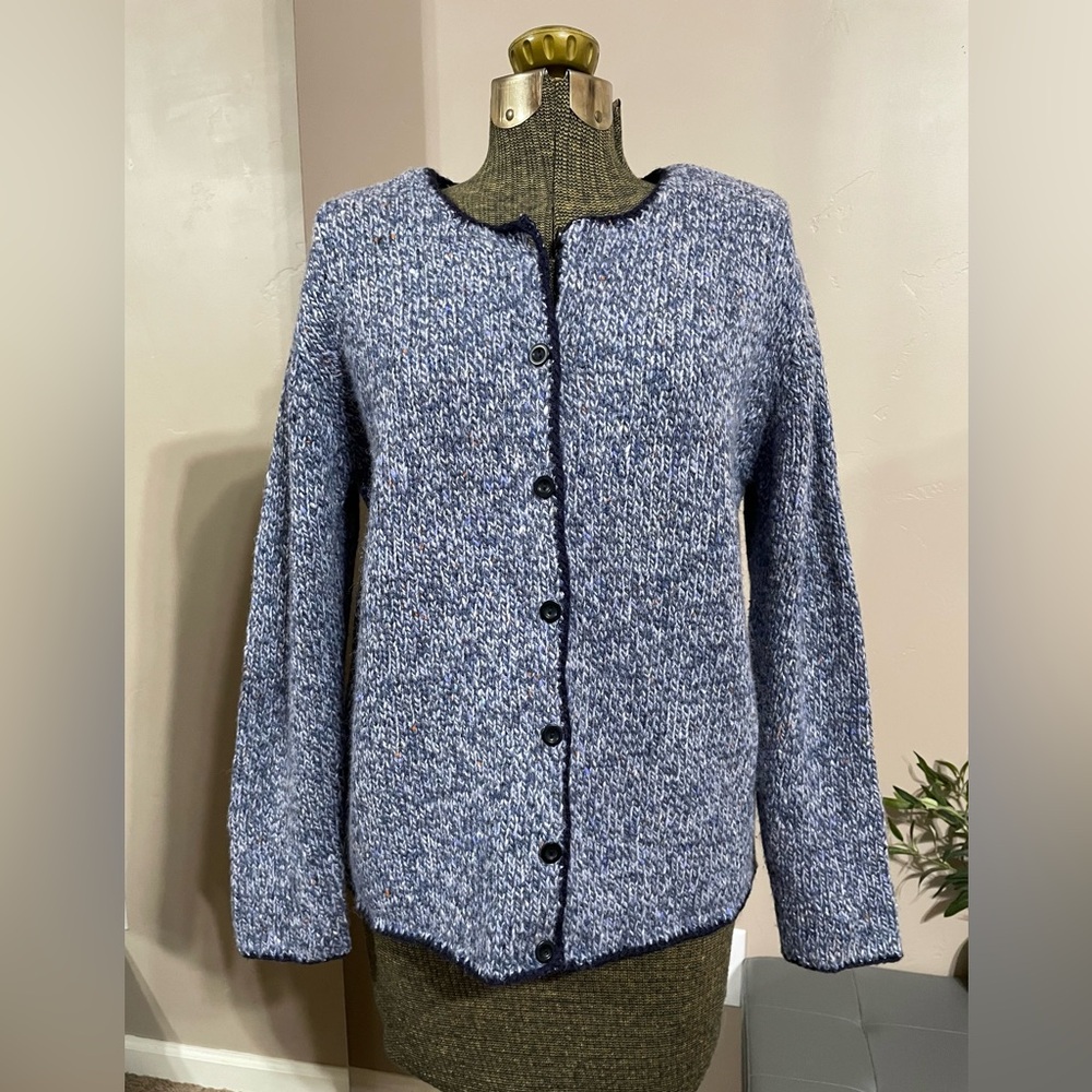 Vintage 90s Talbots Blue Wool Cardigan Sweater Chunky Knit Cozy Coastal Grandma